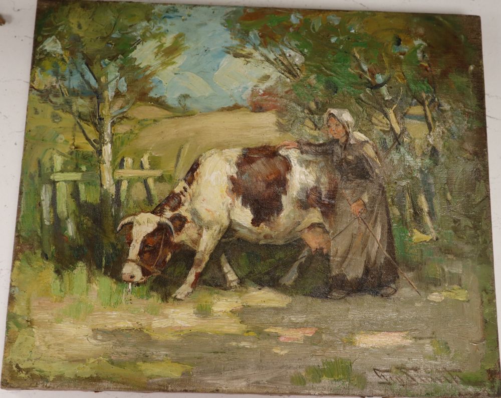 George Smith, oil on canvas, Cow and dairy maid on a lane, signed, 25.5 x 30cm, unframed